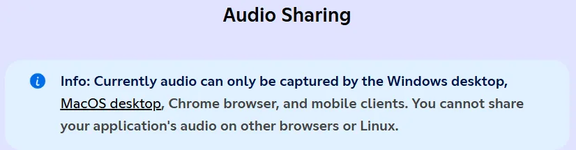 디스코드 공식 문서의 Audio Sharing 안내. 현재 소리는 윈도우 데스크톱, macOS 데스크톱, 크롬 브라우저, 모바일 클라이언트에서만 캡처할 수 있고 다른 브라우저나 리눅스에서는 애플리케이션 소리를 공유할 수 없다고 적혀 있다