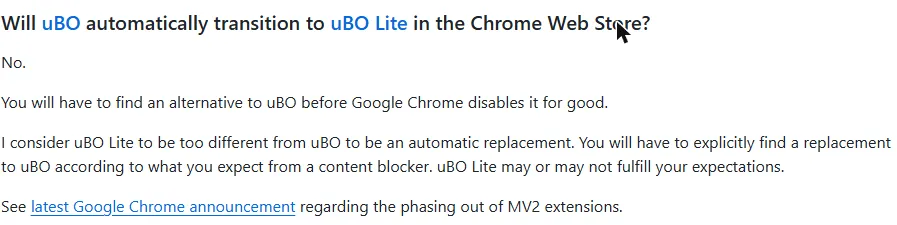 uBO Lite 공식 FAQ 화면. 크롬 웹스토어에서 uBO가 uBO Lite로 자동 전환되느냐는 질문에 아니오라고 답하고, 크롬이 완전히 막기 전에 직접 대안을 찾아야 하며 uBO Lite는 uBO와 너무 달라 자동 대체품으로 보지 않는다고 적혀 있다